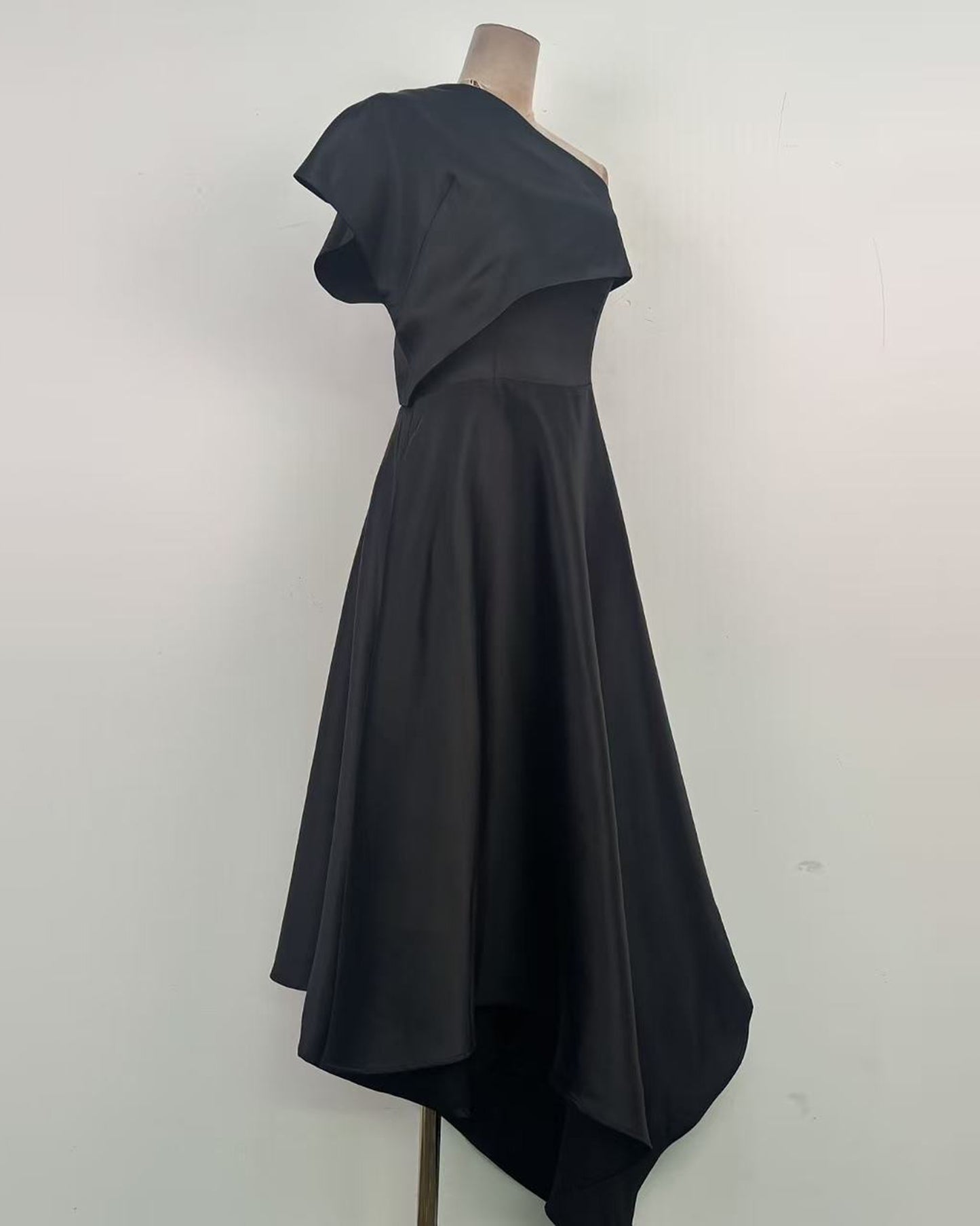 Black Satin Asymmetrical Off One Shoulder Dress