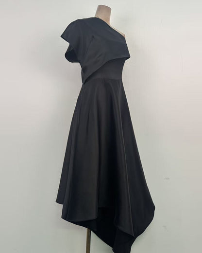 Black Satin Asymmetrical Off One Shoulder Dress