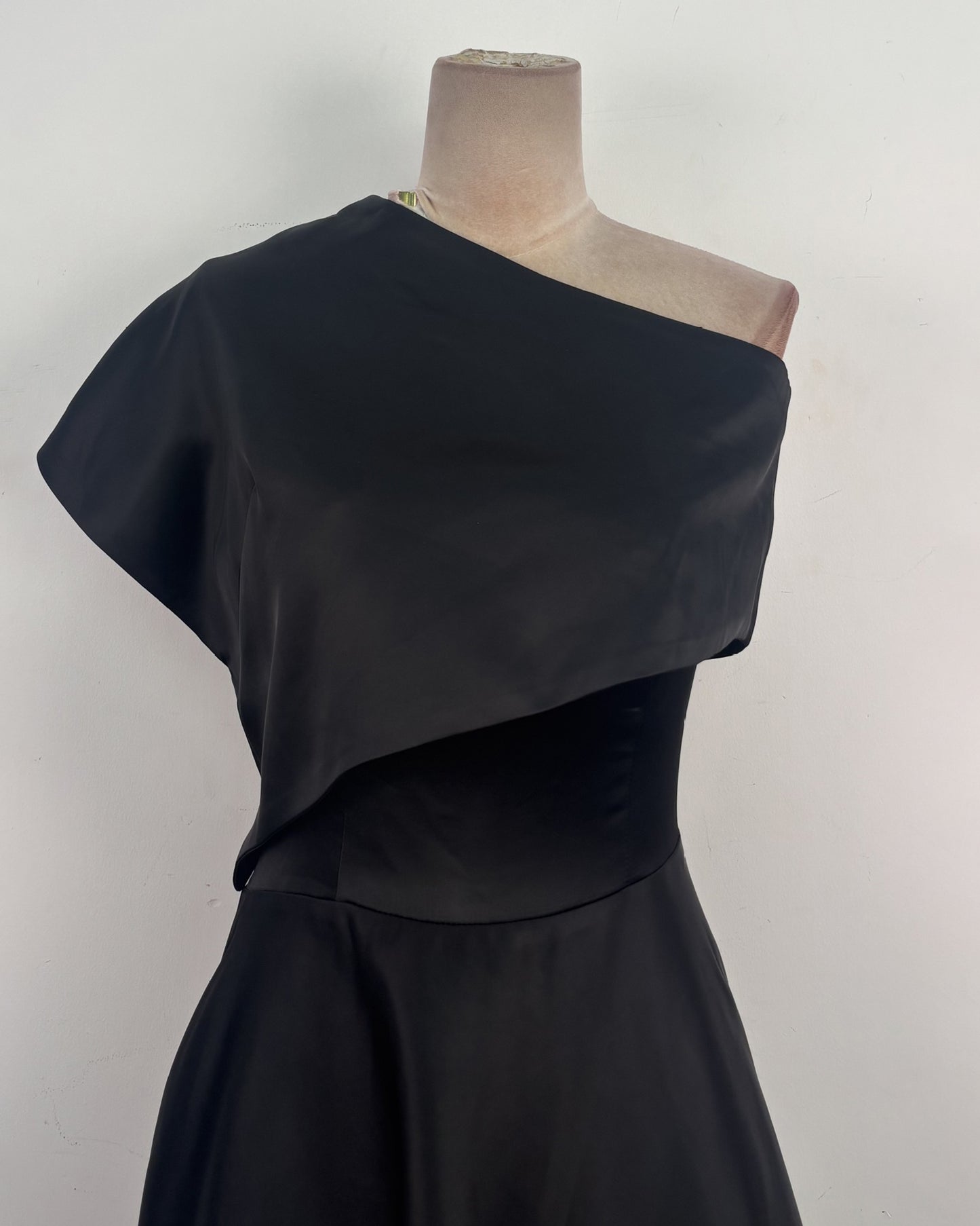 Black Satin Asymmetrical Off One Shoulder Dress