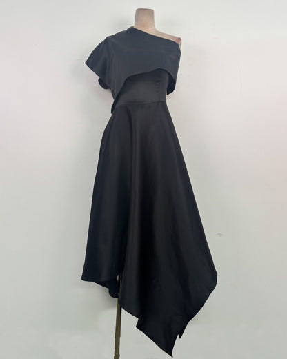 Black Satin Asymmetrical Off One Shoulder Dress