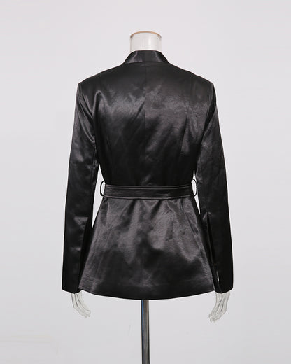 Black Satin Belted Blazer