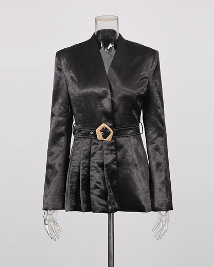 Black Satin Belted Blazer