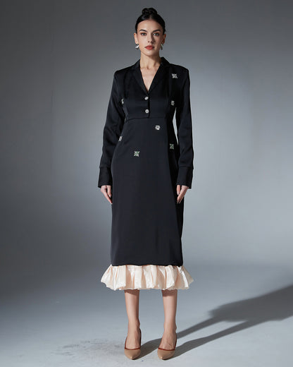 Black Satin Blazer Dress with Crystal & Ruffle Hem