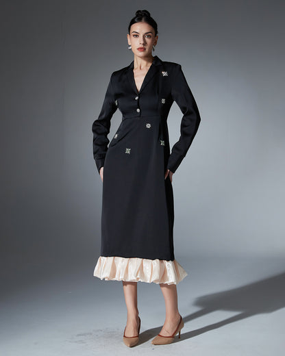 Black Satin Blazer Dress with Crystal & Ruffle Hem