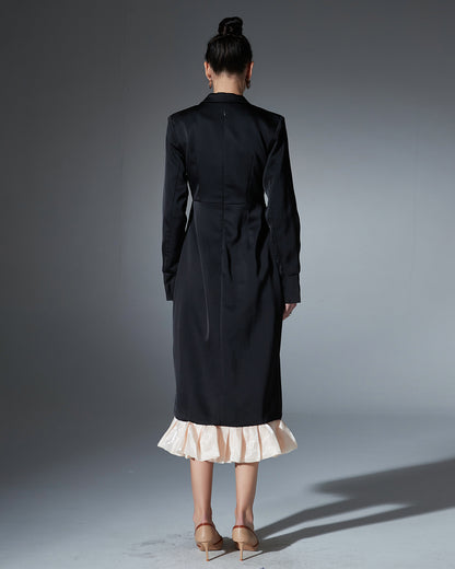 Black Satin Blazer Dress with Crystal & Ruffle Hem