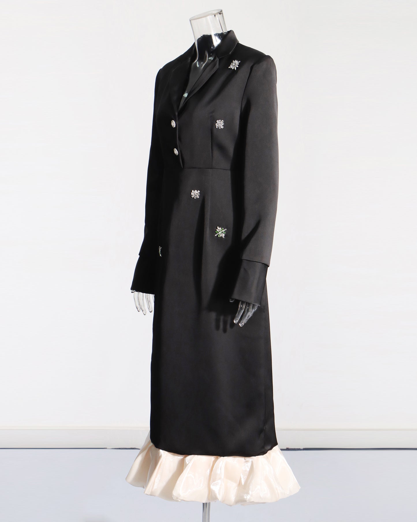 Black Satin Blazer Dress with Crystal & Ruffle Hem