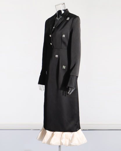 Black Satin Blazer Dress with Crystal & Ruffle Hem