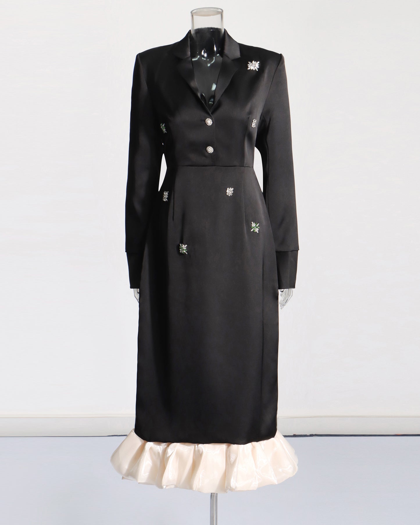Black Satin Blazer Dress with Crystal & Ruffle Hem