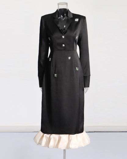 Black Satin Blazer Dress with Crystal & Ruffle Hem