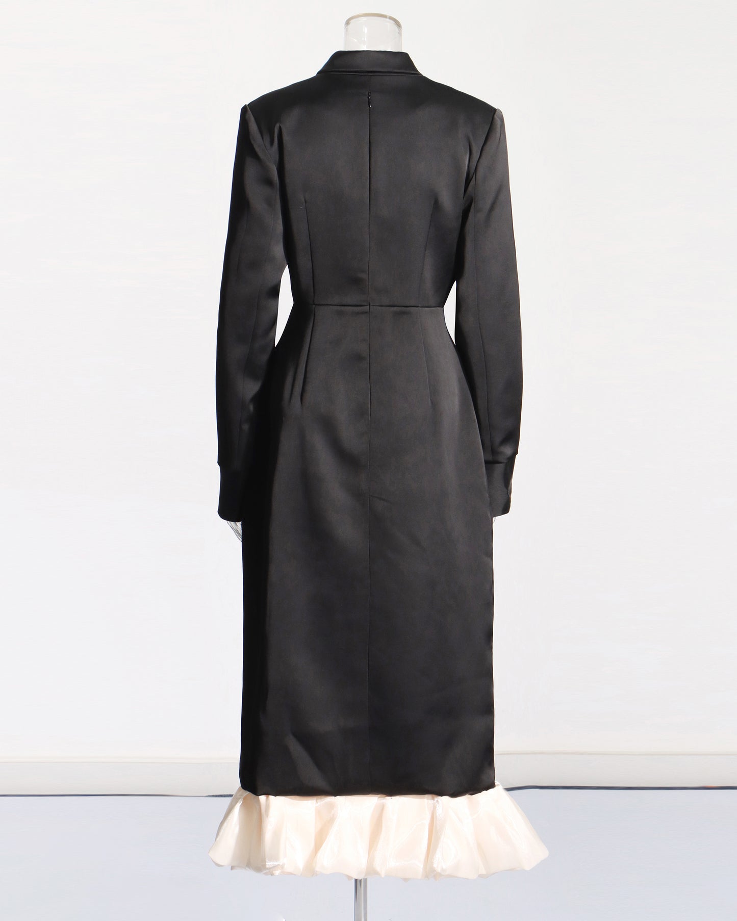 Black Satin Blazer Dress with Crystal & Ruffle Hem