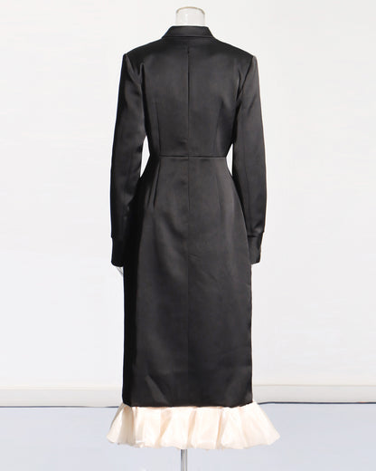 Black Satin Blazer Dress with Crystal & Ruffle Hem