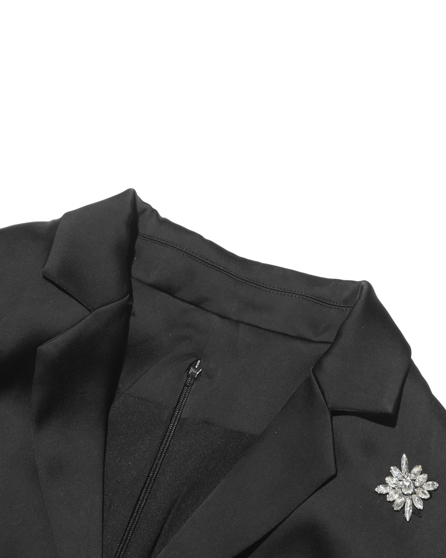 Black Satin Blazer Dress with Crystal & Ruffle Hem