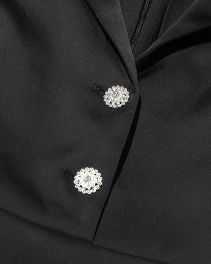 Black Satin Blazer Dress with Crystal & Ruffle Hem