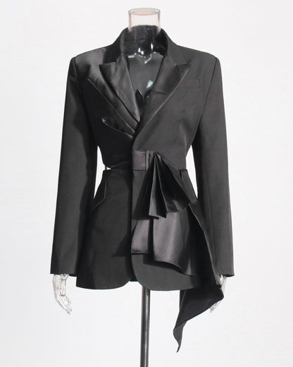 Black Satin Bow-Accent Asymmetric Blazer