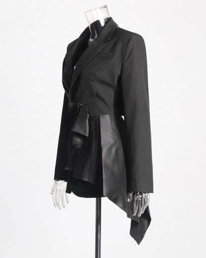 Black Satin Bow-Accent Asymmetric Blazer