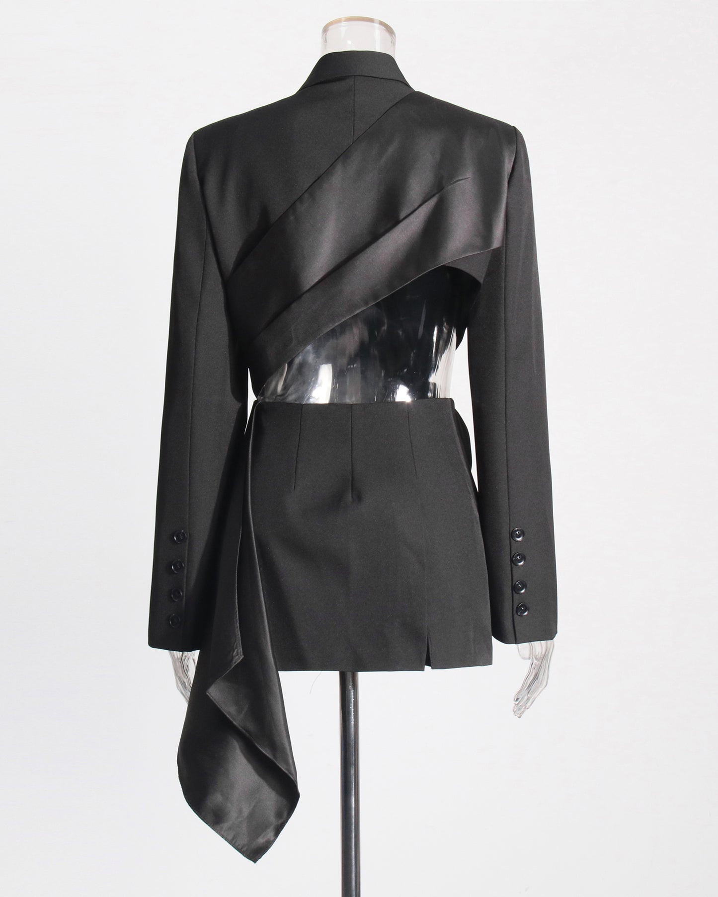Black Satin Bow-Accent Asymmetric Blazer
