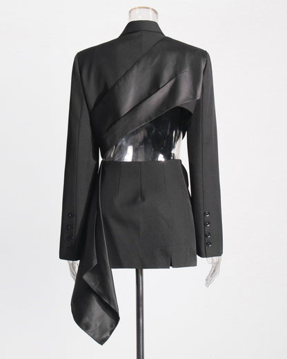 Black Satin Bow-Accent Asymmetric Blazer