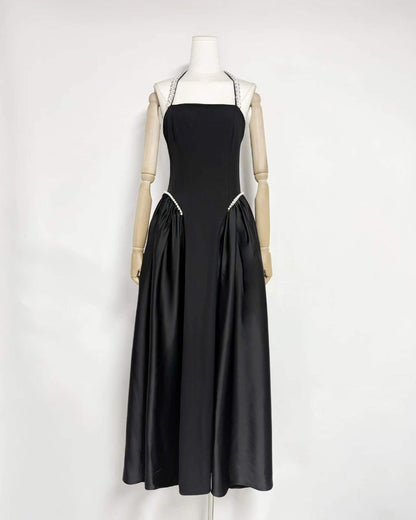 Black Satin Halter Midi Dress with Pearl Detail