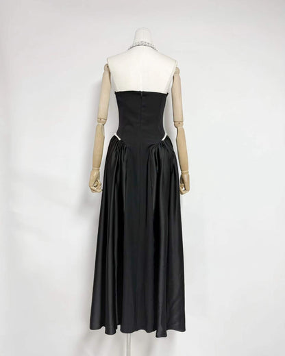 Black Satin Halter Midi Dress with Pearl Detail