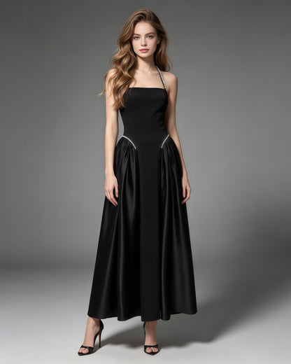 Black Satin Halter Midi Dress with Pearl Detail
