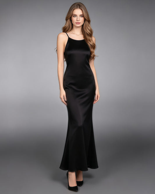 Black Satin Off Shoulder Mermaid Maxi Dress