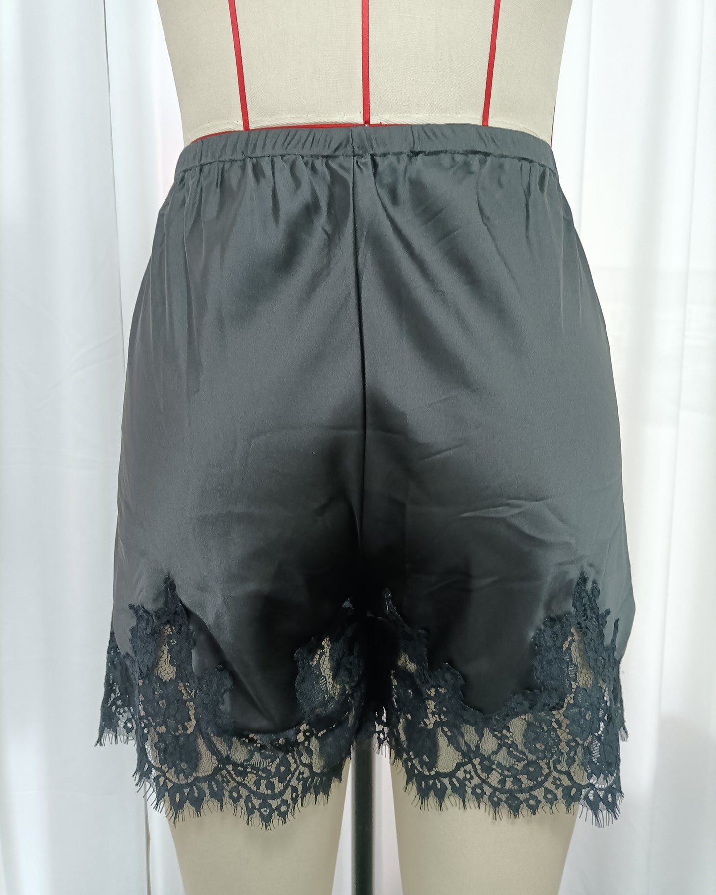 Black Satin Lace Trim Shorts