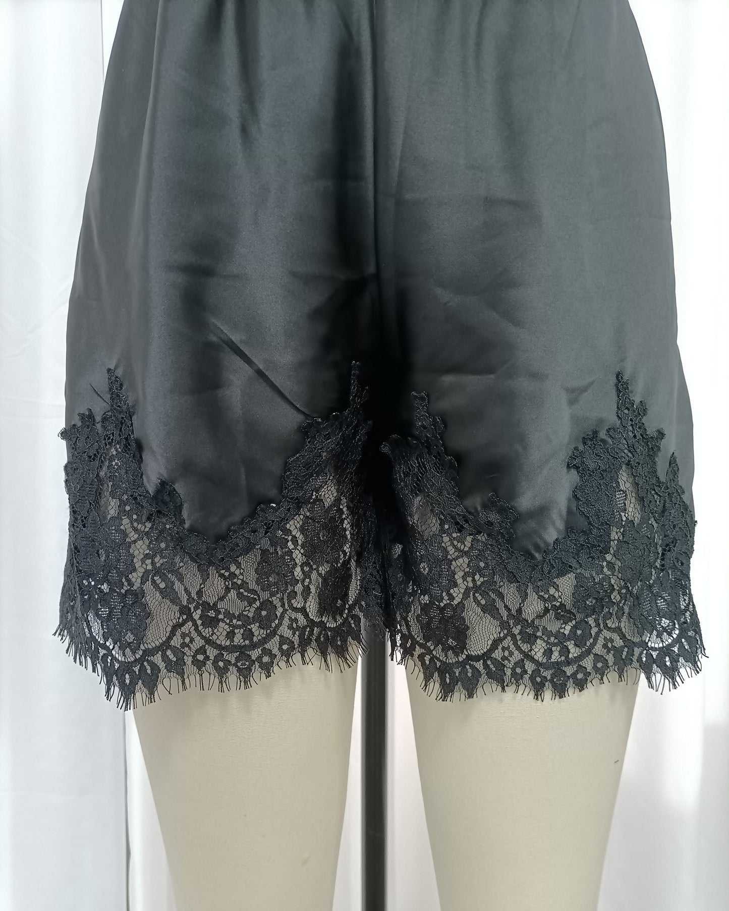 Black Satin Lace Trim Shorts