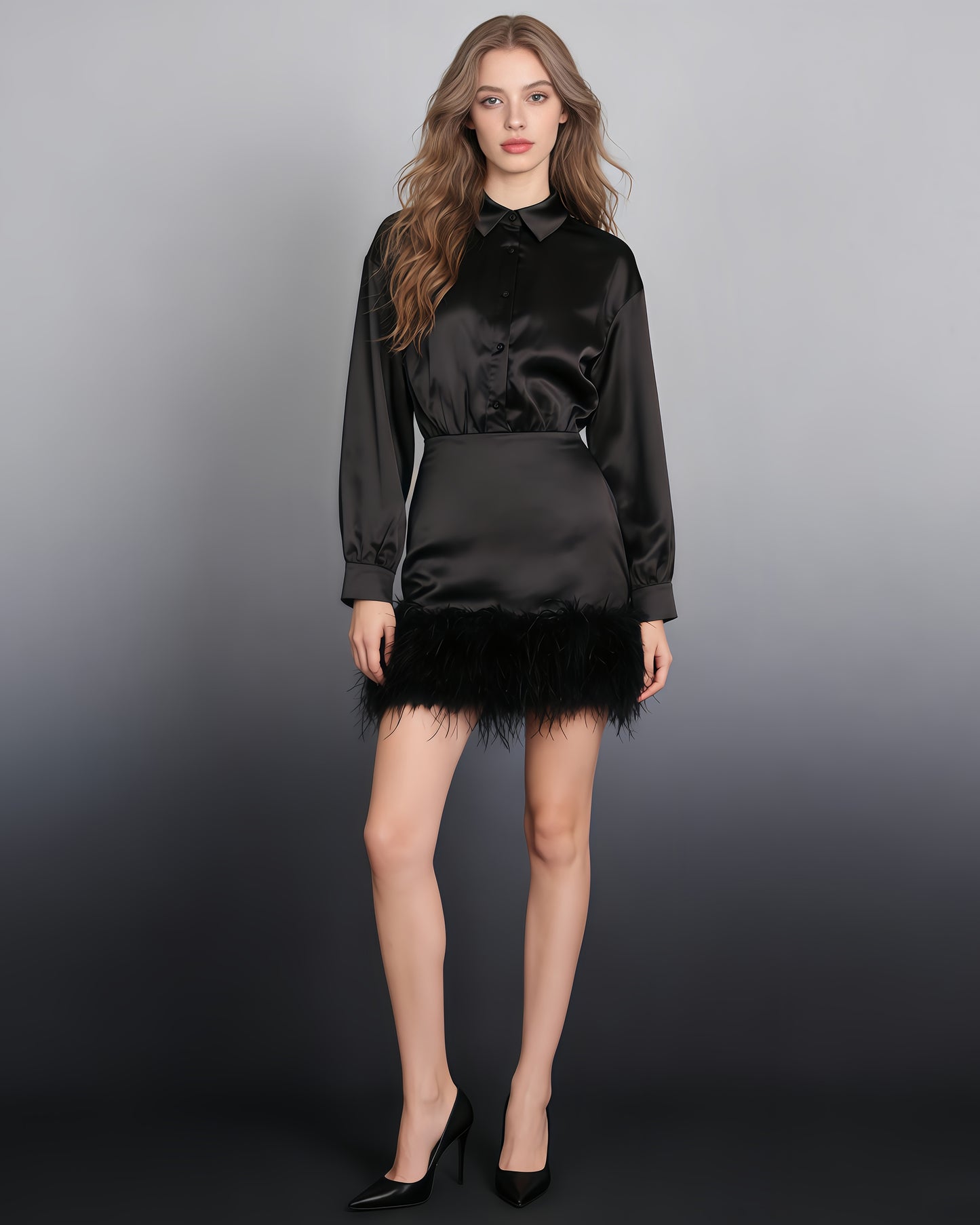 Black Satin Shirt Dress with Feather Hem