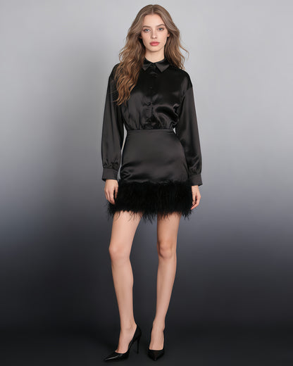 Black Satin Shirt Dress with Feather Hem
