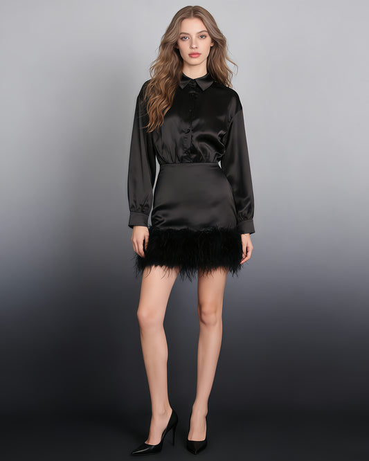 Black Satin Shirt Dress with Feather Hem