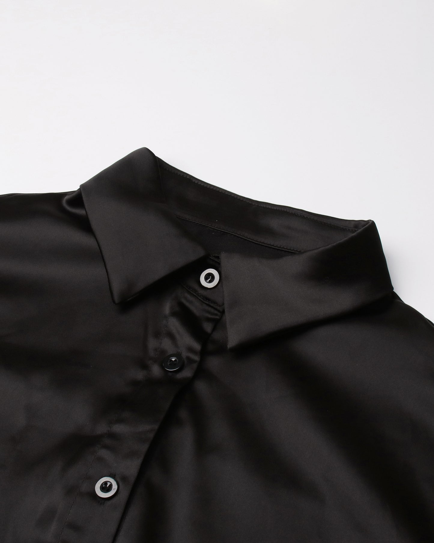 Black Satin Shirt Dress with Feather Hem