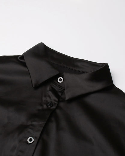 Black Satin Shirt Dress with Feather Hem