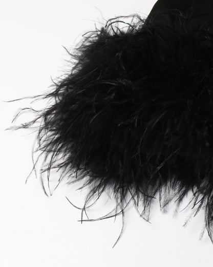 Black Satin Shirt Dress with Feather Hem