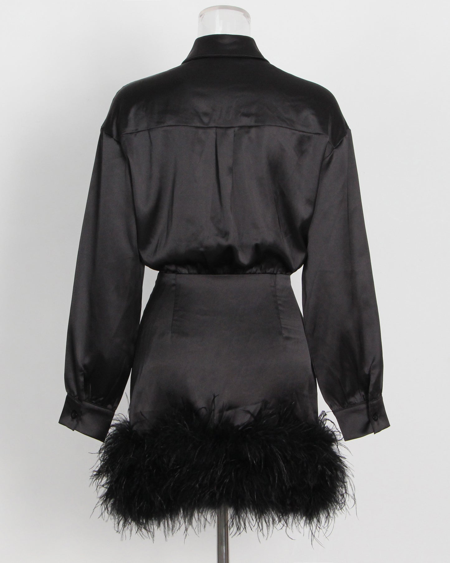 Black Satin Shirt Dress with Feather Hem