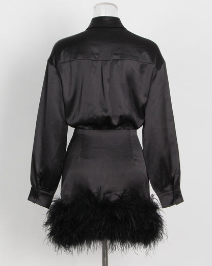 Black Satin Shirt Dress with Feather Hem
