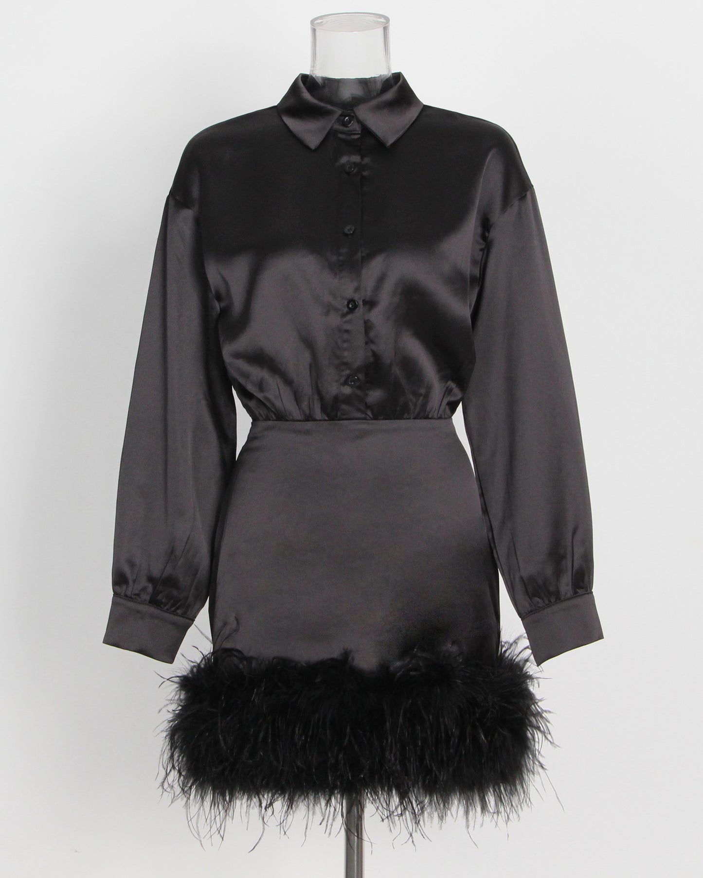 Black Satin Shirt Dress with Feather Hem