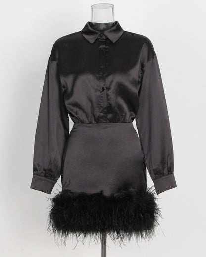 Black Satin Shirt Dress with Feather Hem