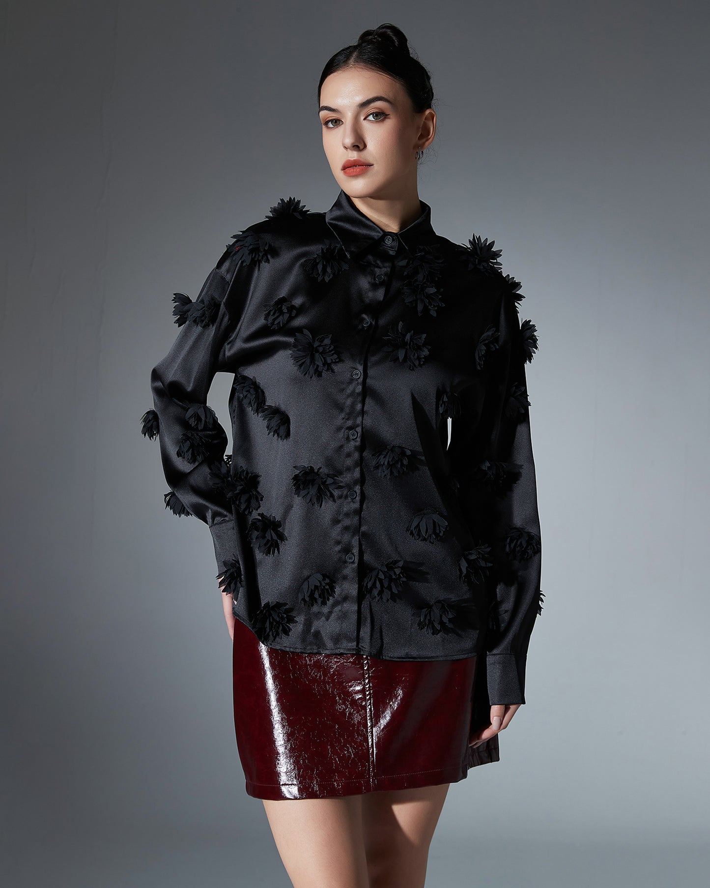 Black Satin Shirt with 3D Floral Appliqués