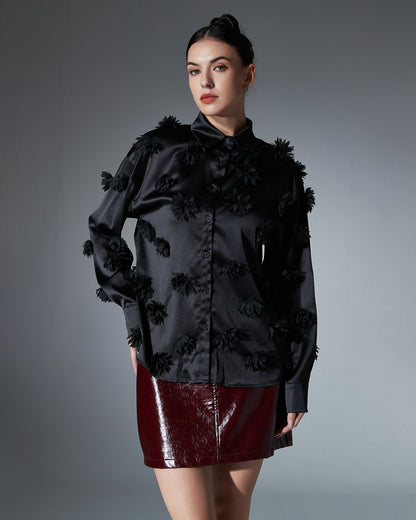 Black Satin Shirt with 3D Floral Appliqués
