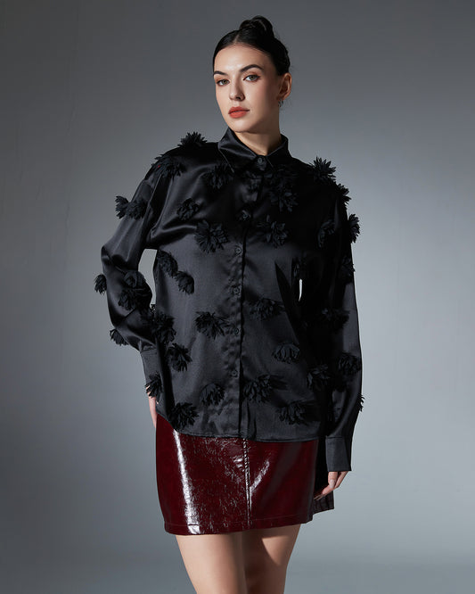 Black Satin Shirt with 3D Floral Appliqués