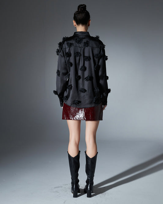 Black Satin Shirt with 3D Floral Appliqués
