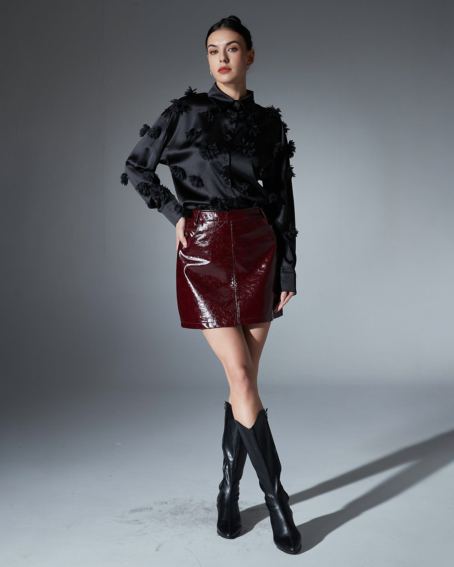 Black Satin Shirt with 3D Floral Appliqués