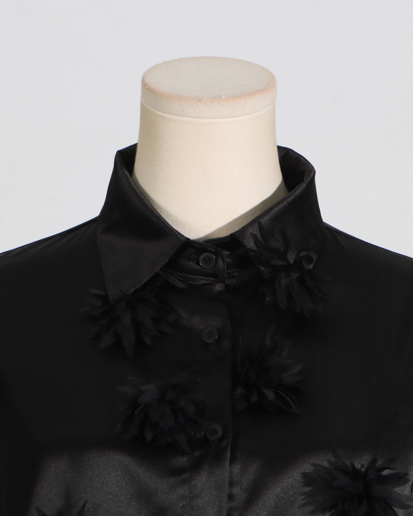 Black Satin Shirt with 3D Floral Appliqués