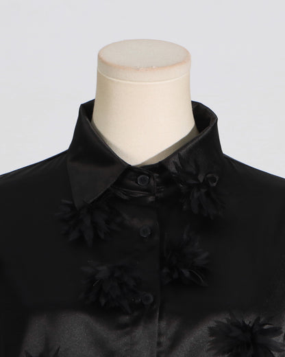 Black Satin Shirt with 3D Floral Appliqués