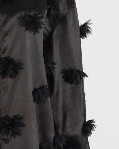 Black Satin Shirt with 3D Floral Appliqués