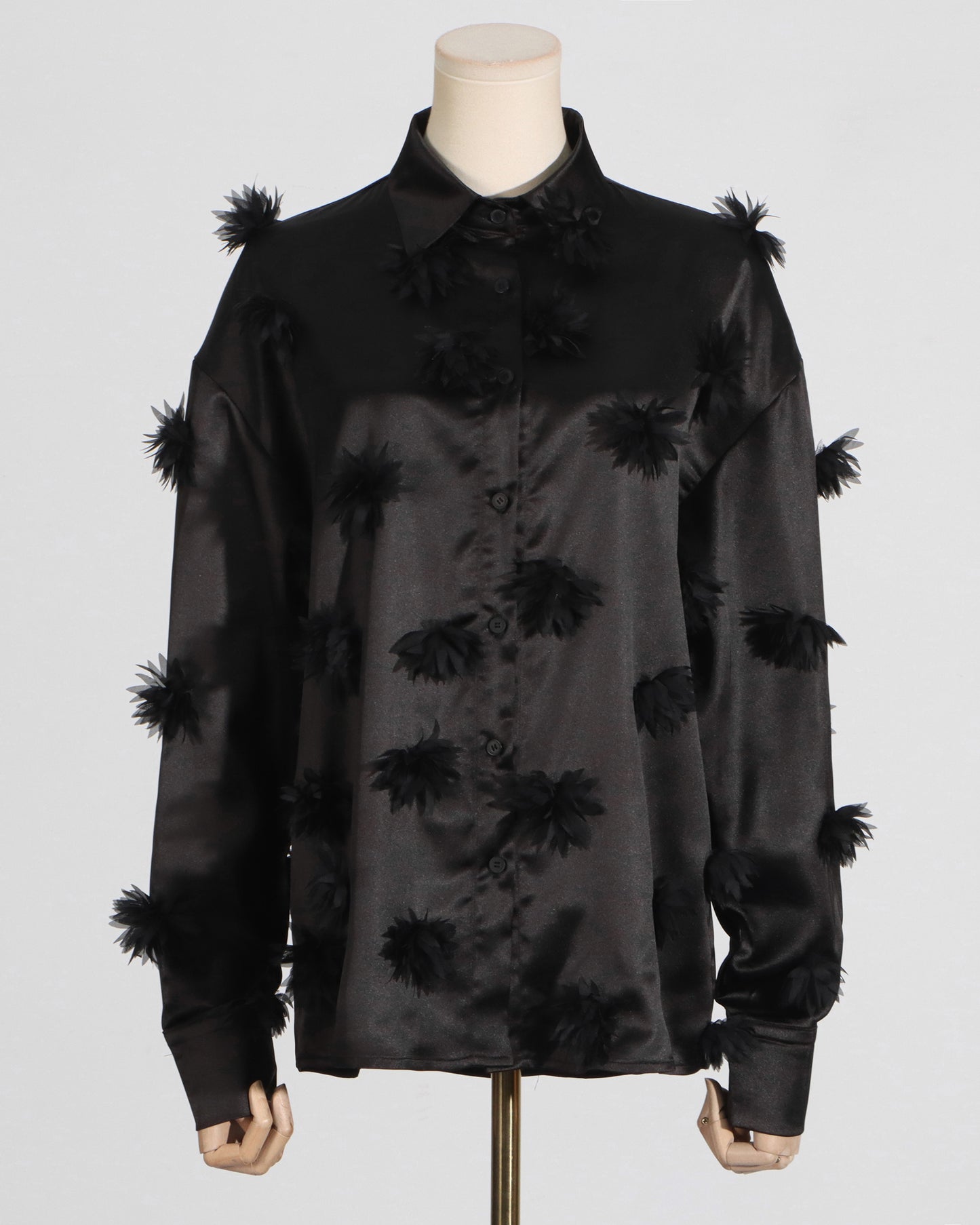 Black Satin Shirt with 3D Floral Appliqués