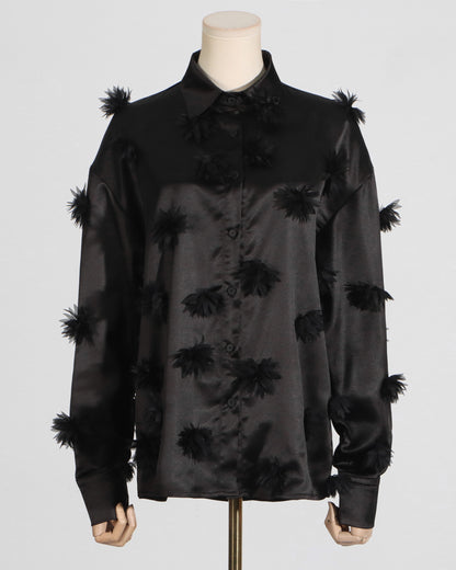 Black Satin Shirt with 3D Floral Appliqués