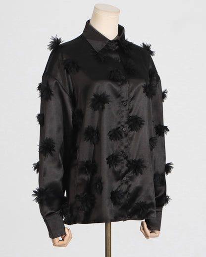 Black Satin Shirt with 3D Floral Appliqués
