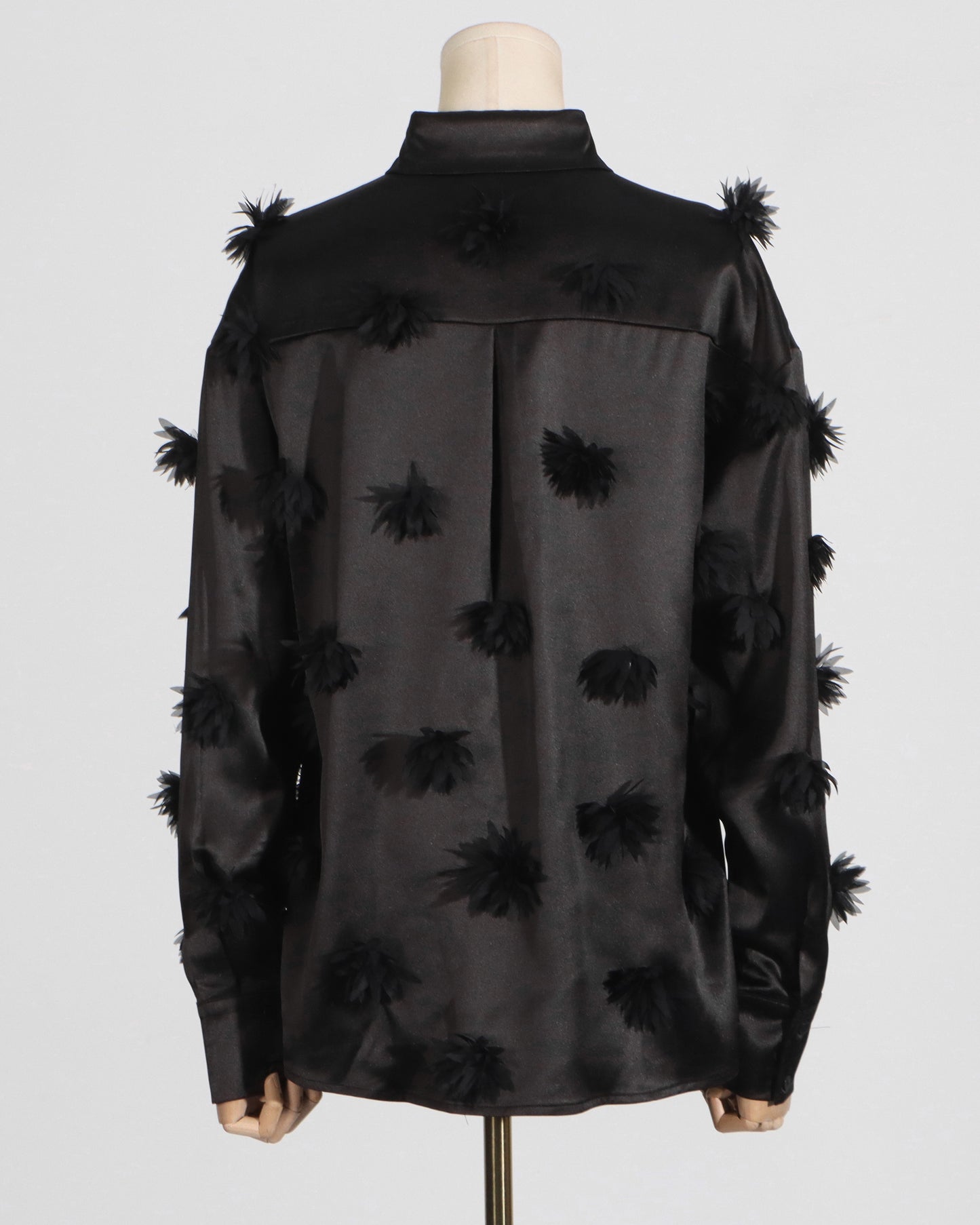 Black Satin Shirt with 3D Floral Appliqués