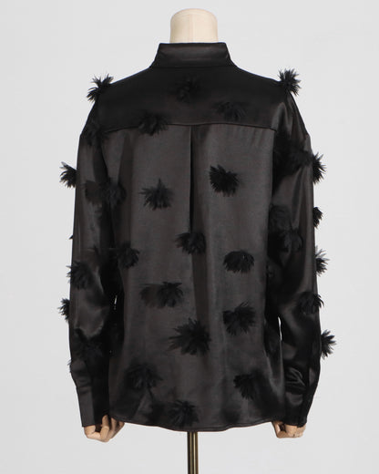Black Satin Shirt with 3D Floral Appliqués